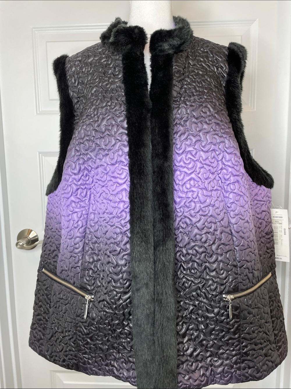 Peter Nygard Quilted Purple Ombré Fall/ Winter Faux Black Fur Trim 3x